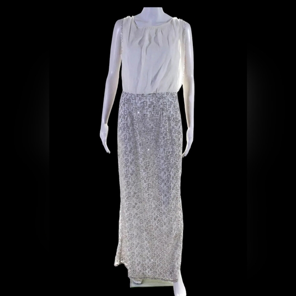 Aidan Mattox White Silver Sequin Gown, Sz 8, EUC